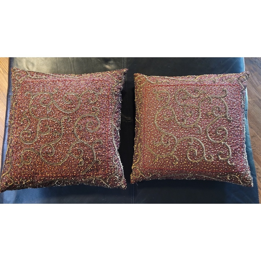 Set of 2 Z Gallerie DUCK & DOWN Beaded Textured Bohemian Square Pillow 16x16 - Picture 2 of 7